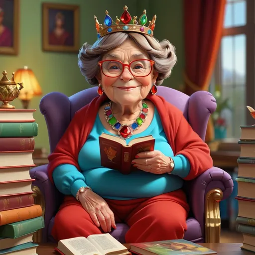 Prompt: Grandma on throne next to a table full of books, she has a multi-colored jewel crown, holding book, glasses, brown hair, earrings, diamond necklace, red sweatsuit, slippers, detailed wrinkles, realistic oil painting, vibrant colors, regal lighting, high quality, 3D animation, slightly overweight, smiling, (((full body, extreme long view)))