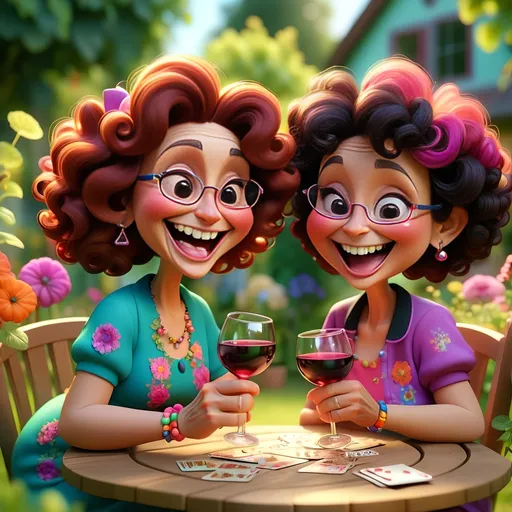Prompt: 3D animation, kawaii, 2 grandmas, slightly heavy, 1 with highlighted brown curly long hair, 1 with short black hair, playing cards in the garden, smiling while drinking wine. Highly detailed, popping vibrant colors, Gradient Colors, Intricate details, Highly textured, intricate patterns, very humorous, funny, amusing 