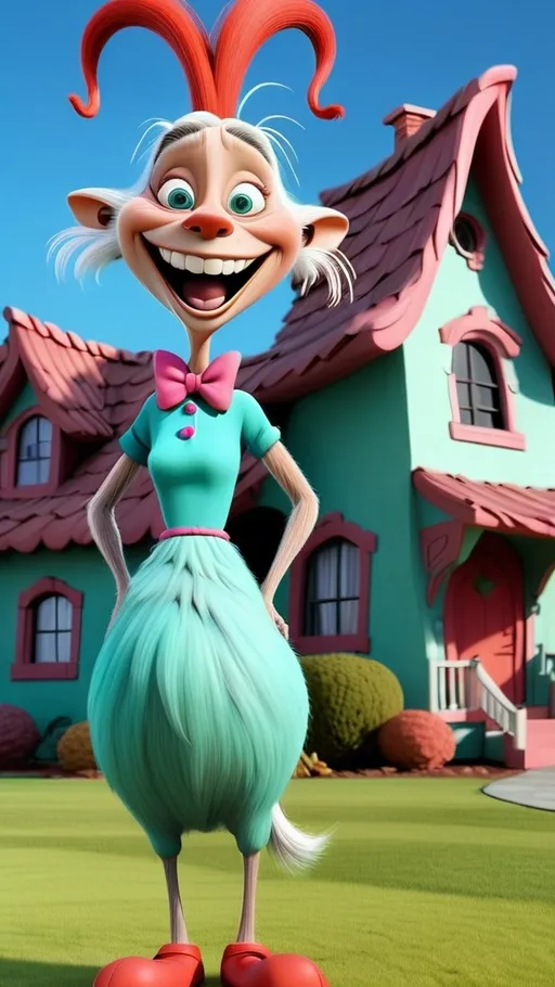Prompt: Whoville house with Full head to toe view laughing  female granny standing in front of large house Dr Seuss style, giggling granny Seuss, a goat next to her, 3D animation in BG whoville theme house, extreme long view, head to toe