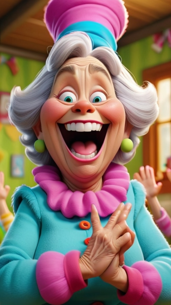 Prompt: 3D animation, hands up in the air laughing chubby seussical granny in whoville extreme long view Detailed, 4k, HDR