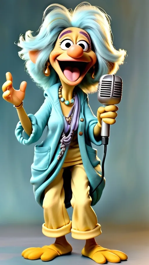 Prompt: Fraggle Rock style, Fraggle laughing granny muppet, gesturing holding a microphone, BG Fraggle Rock wearing, aqua and goldenrod clothes, extreme long view, full body, 