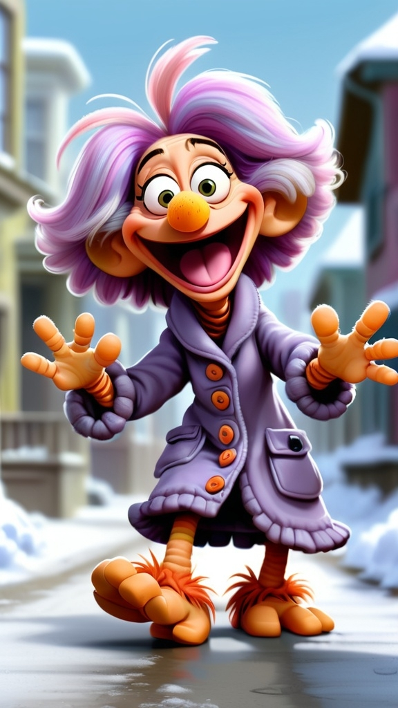 Prompt: Fraggle Rock style, Fraggle laughing granny gesturing, walking her poodle, digital painting , BG Fraggle winter theme, full body, extreme long view, 