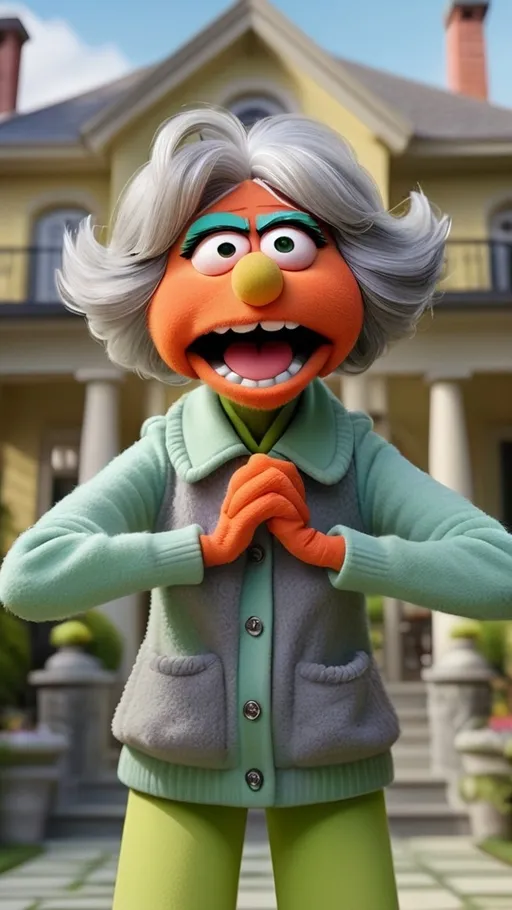 Prompt: Stern granny, head to toe view, Extreme long view, Muppet theme, ultra-detailed, Muppet Show style, standing in front of a mansion, upset furious angry gesturing granny monster, expressive irritated look and making an irritated gesture, gray hair. The overall style is Springtime modern.  BG modern style mansion, workout fitness clothing,