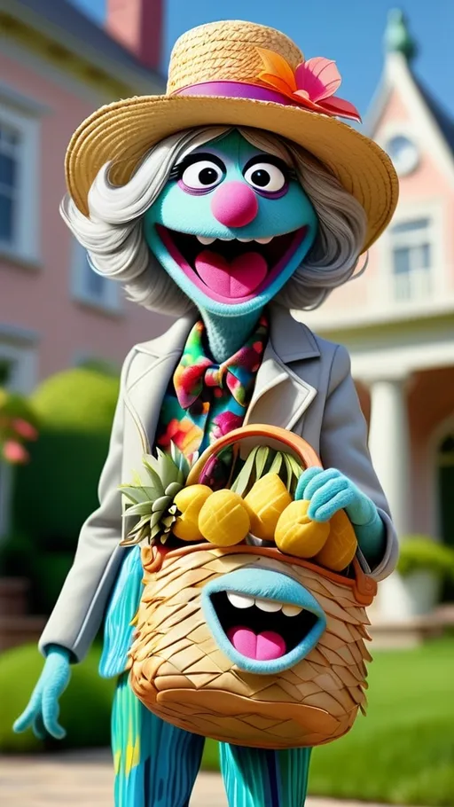 Prompt: head to toe view, Extreme long view,, Muppet theme, vibrant, ultra-detailed, Muppet Show style, standing in front of a mansion, Muppet laughing gesturing granny monster, gray hair. The overall style is Springtime modern, whimsical, and full of life,.  BG modern style mansion beach bag on shoulder, straw hat, holding a piña colada cocktail 