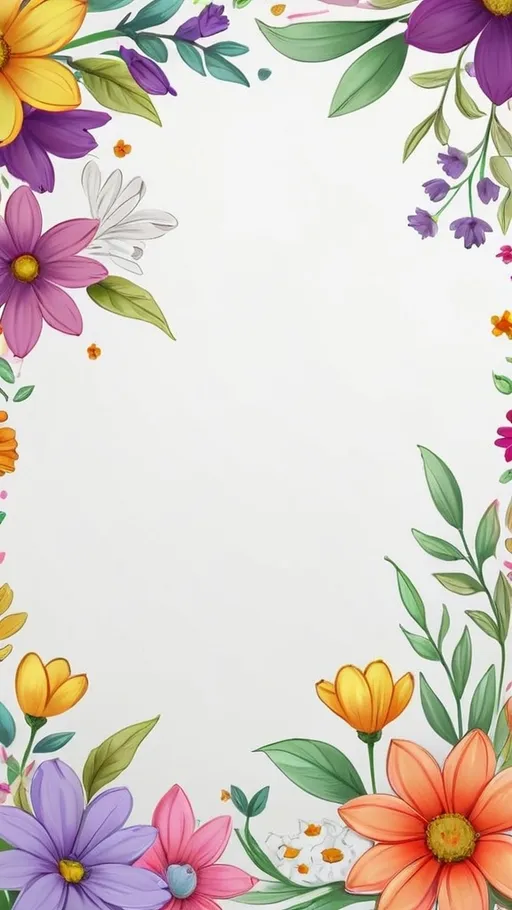 Prompt: A hand drawn square surrounded by Spring time Floral border with real flowers on white background with some hand drawn strokes around the flowers and hand drawn leaves, vibrant colors, very detailed