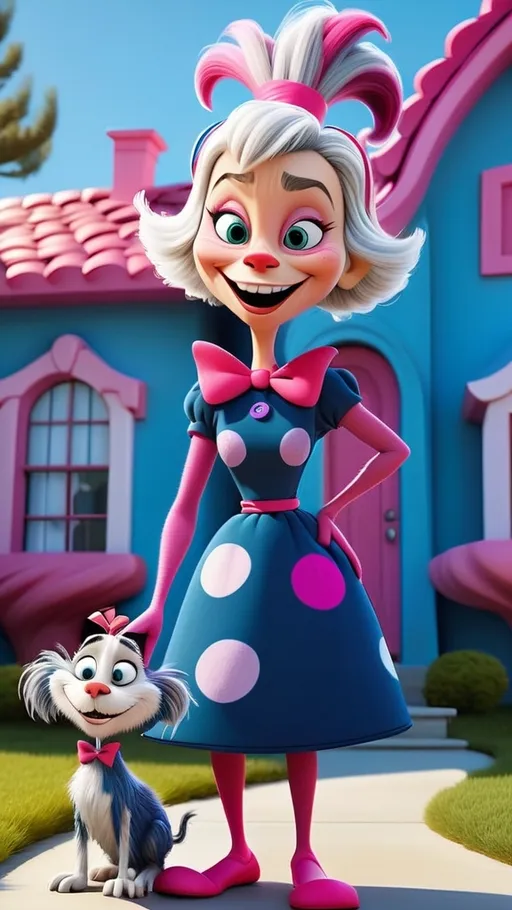 Prompt: Whoville house with Full head to toe view laughing female granny holding her puppystanding in front of large house Dr Seuss style, 3D animation in BG whoville theme house, extreme long view, head to toe, theme navy blue with hot pink and white abstract shapes.