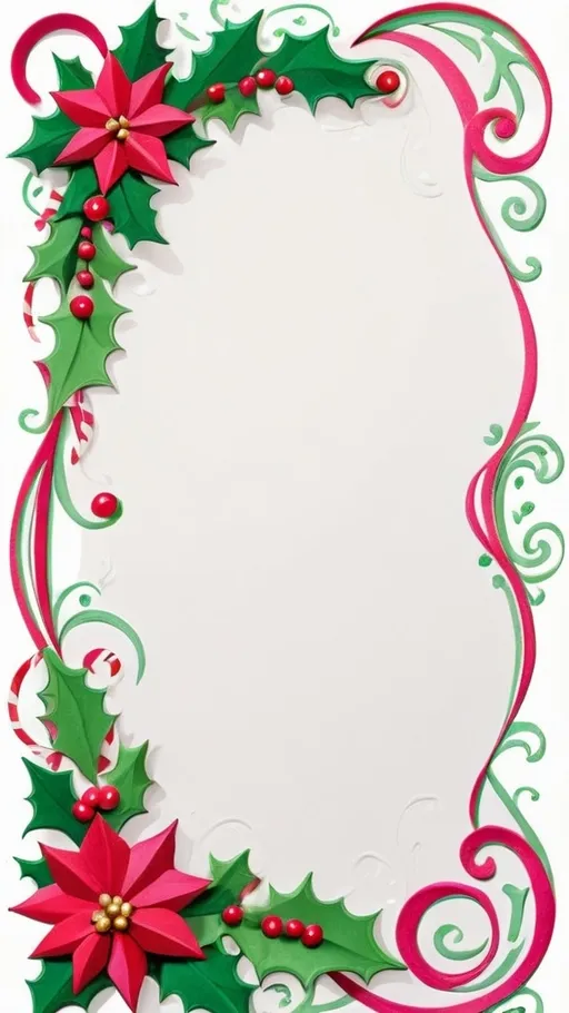 Prompt: Whimsical Christmas stationary with hand drawn flourishes and embellishments a Christmas border on a white paper vibrant colors, very detailed