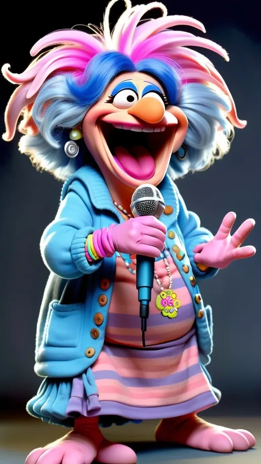Prompt: Fraggle Rock style, Fraggle laughing chubby granny muppet, wearing blue and pink gesturing holding a microphone, BG Fraggle Rock winter, extreme long view, full body, 