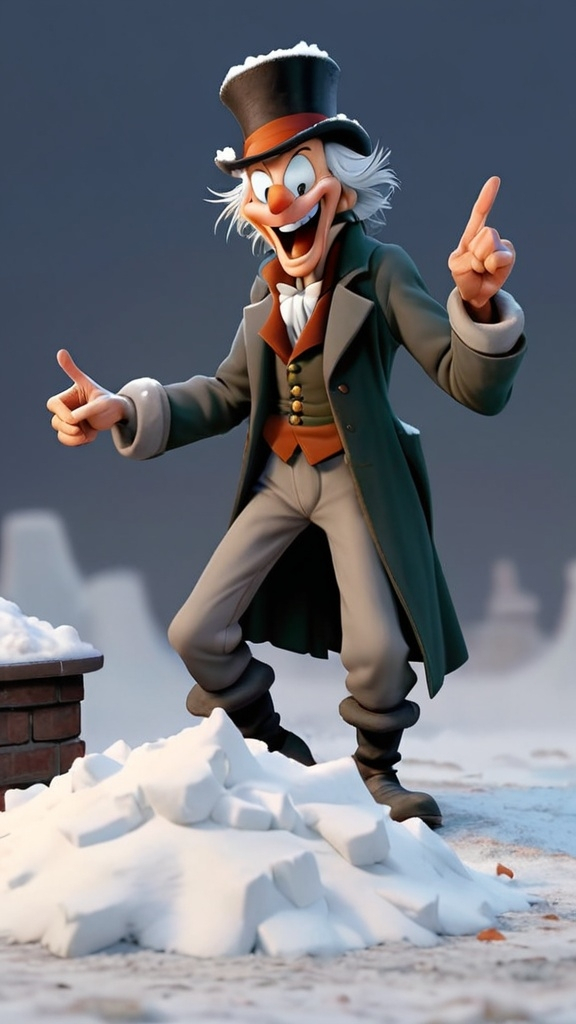 Prompt: 3D animation, (((Scrooge laughing and pointing at pile of snow on ground))), with gray hair