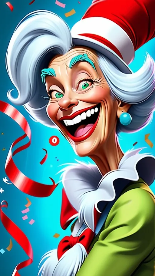 Prompt: Dr Seuss style Dr Seuss laughing granny Digital painting in whoville BG whoville seussical new year’s theme BG vibrant Confetti, streamers, fireworks 