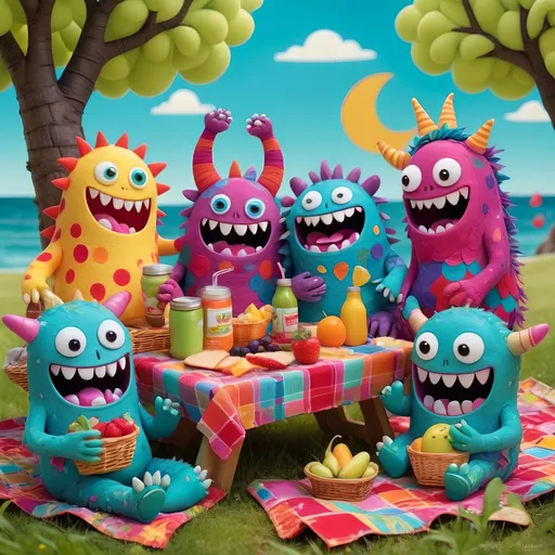 Prompt: Different types of smiling monsters having a picnic. A vibrant vivid kawaii 3D picture composed of whimsical, very detailed and textured fabric patterns sewn together. Each vibrant color is made of a whimsically patterned fabric piece that evinces a feeling of playfulness, lightheartedness, and fancy. Similar to Tommy Bahama fabric.