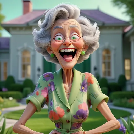 Prompt: head to toe view, Extreme long view, 3D animation theme, vibrant, ultra-detailed, standing in front of a mansion, laughing gesturing granny, gray hair. realistic bright eyes with clear pupils and irises, expressive gaze. The overall style is Springtime modern, whimsical, and full of life, abstract shapes green gradient, gray  gradient, BG mansion, 