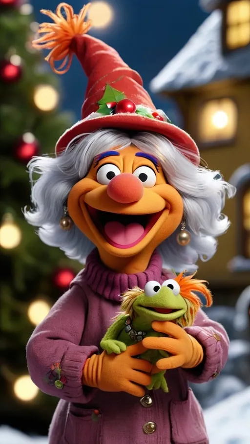 Prompt: 3D animation, (((laughing granny fraggle rock muppet))) BG Christmas 