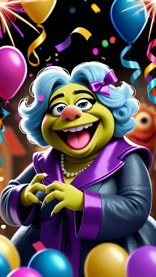 Prompt: Muppet Show style Muppet Show laughing chubby granny monster Digital painting  BG Muppet house New Year’s Eve theme new year’s theme BG vibrant Confetti, streamers, fireworks  