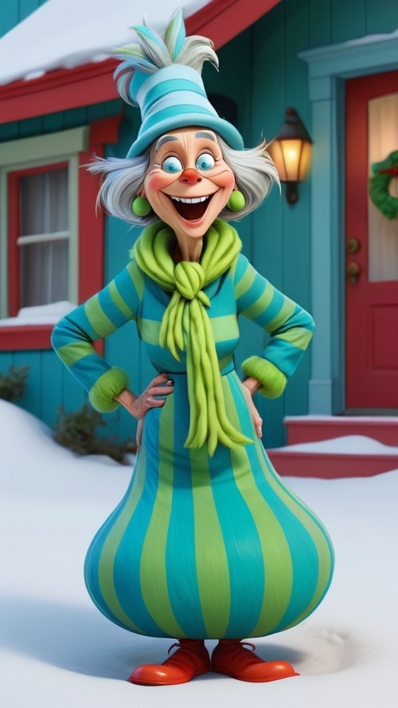 Prompt: Dr Seuss style, laughing granny Seuss wearing blue and green stripes 3D animation in BG whoville winter theme, full body, extreme long view 