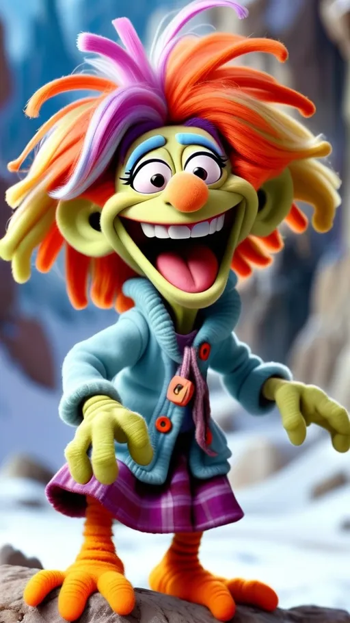 Prompt: Vibrant Fraggle Rock style, Fraggle laughing granny muppet, cross-eyed pointing at her head, BG Fraggle Rock winter, extreme long view, full body, 