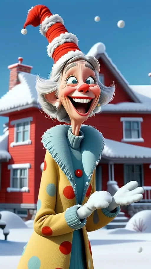 Prompt: Snow covered house with Full head to toe view laughing female granny standing in front of large house Dr Seuss style, giggling granny Seuss wearing light yellow with red dots 3D animation in BG whoville winter theme snow covered house, extreme long view, head to toe 