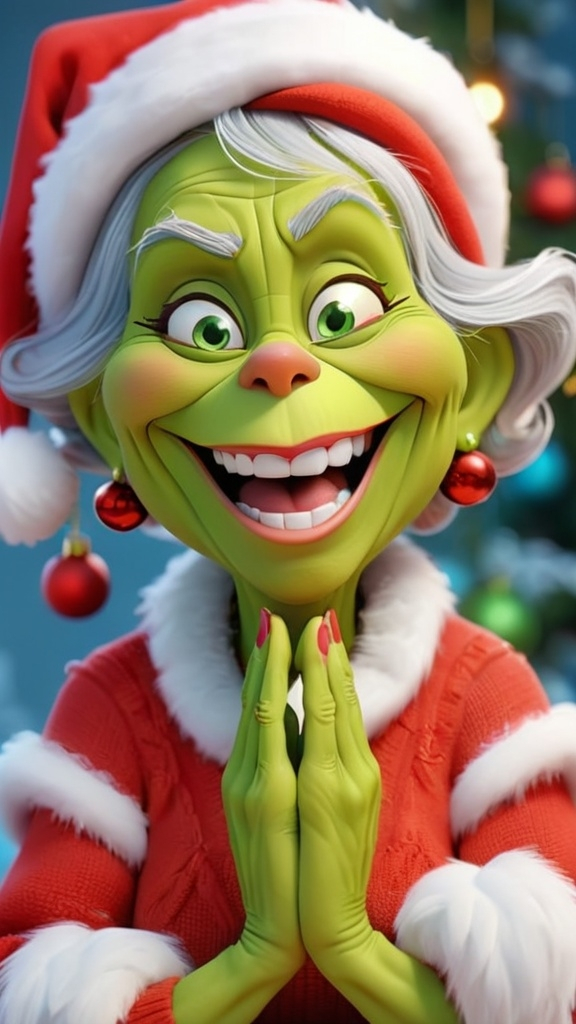 Prompt: Grinch style 3D animation, (((laughing granny ))) hands clasped in prayer in her BG Christmas 