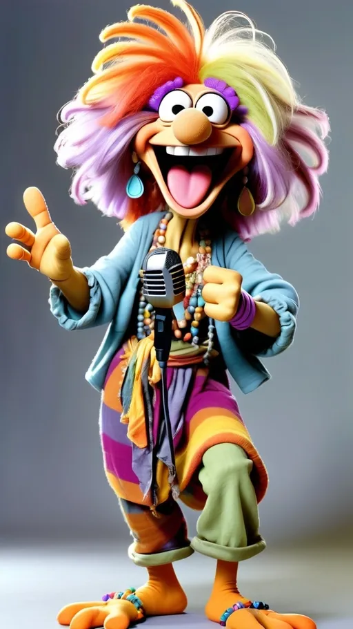 Prompt: Fraggle Rock style, vibrant Fraggle laughing granny muppet, wearing hippie clothes, gesturing holding a microphone, BG Fraggle Rock, extreme long view, full body, 