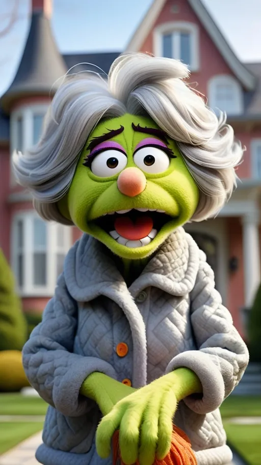 Prompt: Stern granny, head to toe view, Extreme long view,, Muppet theme, ultra-detailed, Muppet Show style, standing in front of a mansion, upset furious angry gesturing granny monster, gray hair. The overall style is Springtime modern.  BG modern style mansion, workout fitness clothing,