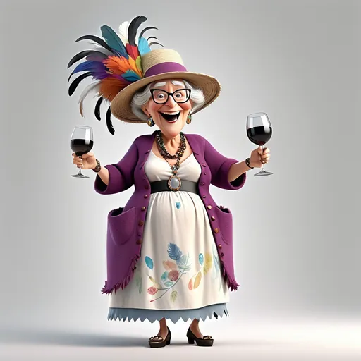 Prompt: Long view, full body, Humorous Pixar Movie image hyper-realistic, 3D Animation, a granny laughing, Wearing large hats with feathers, necklaces, earrings, dresses. Holding a wine glass. Background: white 