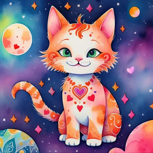 Prompt: Kawaii watercolor of a full body skinny ginger kitty with a closed mouth smile in the galactic night sky decorated with hearts, Henna art inspired patterns, embellishments and Flourishes, bright vibrant colors, Highly detailed, popping vibrant colors, Gradient Colors, Intricate details, Highly textured, spiritual symbols of mandalas with Hindu, Buddhist, Jainism, Shinto, Bengali, Celtic, and Arabic geometric and whimsical patterns, extremely cute, whimsical playful, charming, enchanting, imaginative, fantastical, magical, lighthearted, fanciful