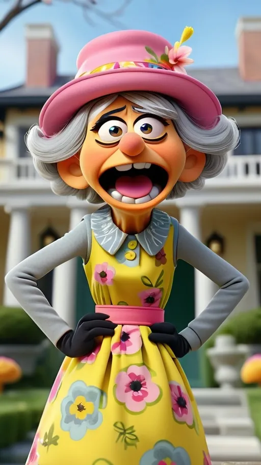 Prompt: Stern granny, head to toe view, Extreme long view, Muppet theme, ultra-detailed, Muppet Show style, standing in front of a mansion, upset furious angry gesturing granny monster, expressive irritated look and making an irritated gesture, gray hair. Floral dress, yellow pink, matching hat. The overall style is Springtime modern.  BG modern style mansion, workout fitness clothing,