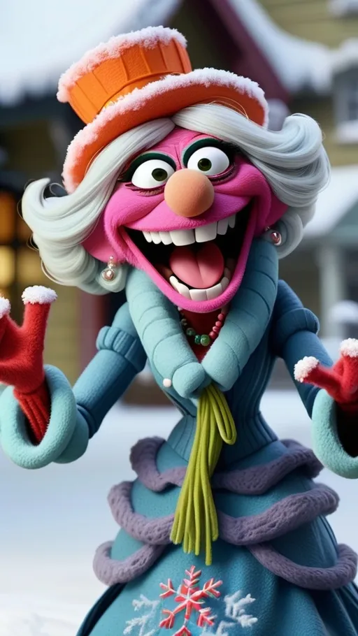 Prompt: Muppet theme, vibrant, ultra-detailed, Extreme long view, full body, Muppet Show style, Muppet laughing granny monster gesturing, BG winter 