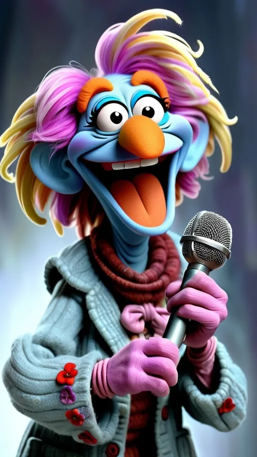 Prompt: Valentine theme, Fraggle Rock style, vibrant Fraggle laughing granny muppet, gesturing holding a microphone, BG Fraggle Rock winter, extreme long view, full body, 