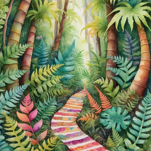 Prompt: A vibrant vivid kawaii watercolor picture composed of whimsical, very detailed and textured fabric patterns sewn together. Each vibrant color is made of a whimsically patterned fabric piece that evinces a feeling of playfulness, lightheartedness, and fancy. Similar to Tommy Bahama fabric, a picture of a path through a fern grotto 