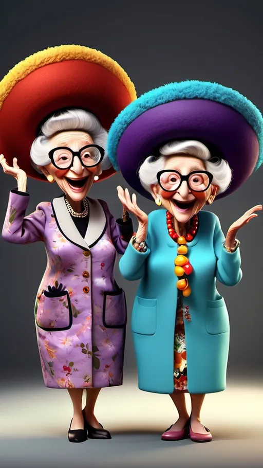 Prompt: Very different looking hair, Long view, full body, Humorous Pixar Movie image hyper-realistic, 3D Animation, two very different looking grannies laughing, They look very different, large hats, Doing a dance. Vibrant, iris apfel style
