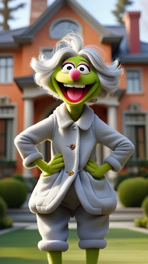 Prompt:  Laughing granny, head to toe view, Extreme long view, Muppet theme, ultra-detailed, Muppet Show style, standing in front of a mansion, crazy, expressive silly funny look and making an irritated gesture, gray hair. The overall style is Springtime modern.  BG modern style mansion, workout fitness clothing,