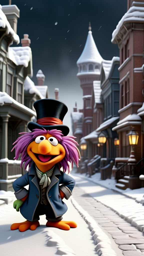 Prompt: 3D animation, kawaii, (((grumpy fraggle rock muppet Scrooge))), a snowy Victorian street