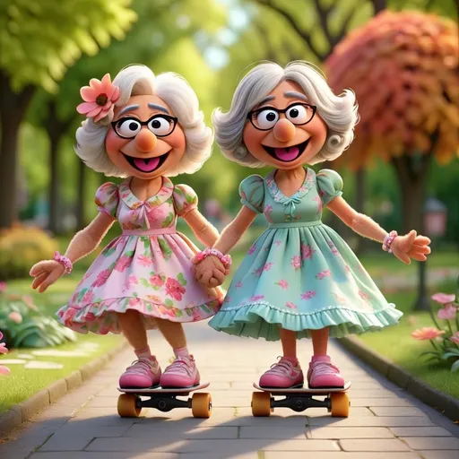 Prompt: 3D animation, kawaii, grandma muppets, wearing floral dresses, holding hands roller skating down a path in a park 