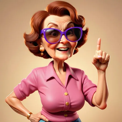 Prompt: Grandma with brown hair, pointing while explaining, sunglasses n
