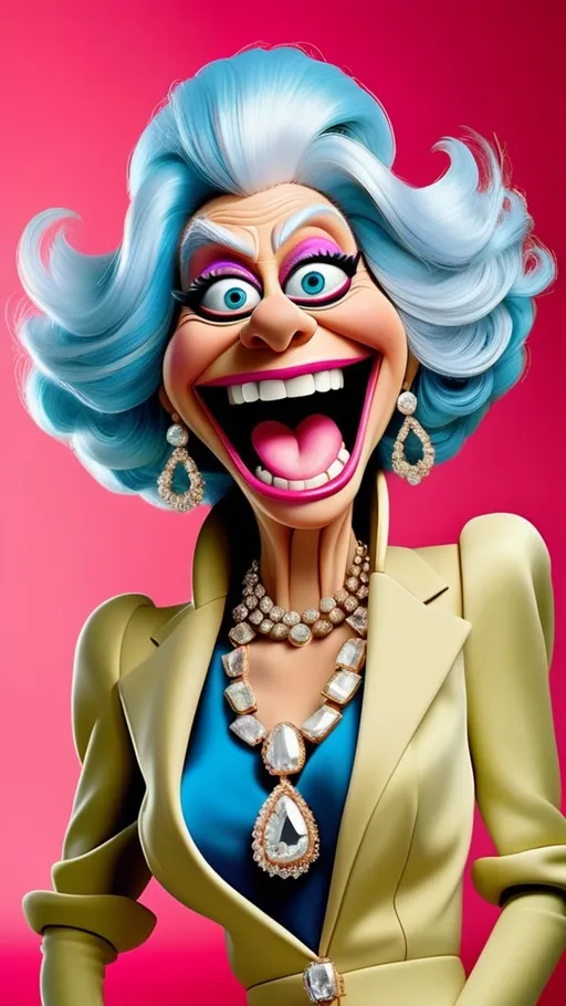 Prompt: head to toe view, Extreme long view,, Muppet theme, vibrant, ultra-detailed, Muppet Show style, Muppet laughing granny monster gesturing, fantastic Christian Louboutin shoes, face etched with deep laugh lines and bright, sparkling eyes. adorned with statement jewelry such as bold necklaces and earrings that catch the light. The overall style is modern, whimsical, and full of life, with bold lines and delicate textures that create a sense of energy.  