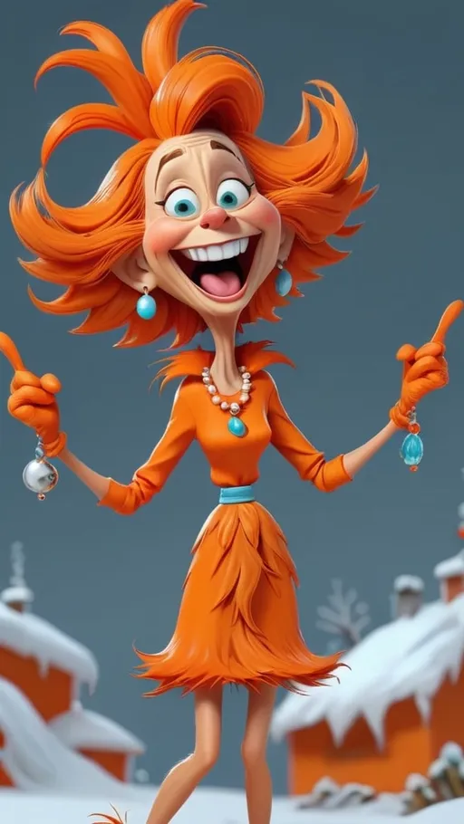 Prompt: Dr Seuss style, laughing granny Seuss gesturing wearing orange a lot of jewelry messy hair 3D animation in BG whoville winter theme, full body, extreme long view 