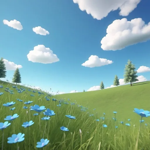 Prompt: 3D animation, a blue sky over a meadow 

