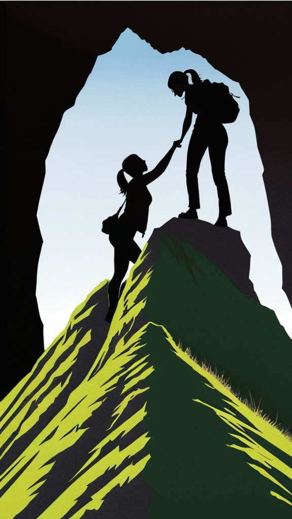 Prompt: Foreground contains a steep mountain top with the silhouette of a female helping someone to get to the top.