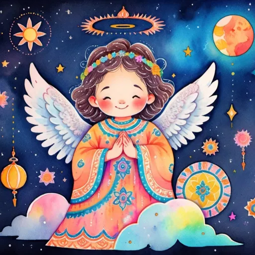 Prompt: Kawaii watercolor of a full body angel with all closed mouth smile in the galactic night sky decorated with Henna art inspired patterns, embellishments and Flourishes, bright vibrant colors, Highly detailed, popping vibrant colors, Gradient Colors, Intricate details, Highly textured, spiritual symbols of mandalas with Hindu, Buddhist, Jainism, Shinto, Bengali, Celtic, and Arabic geometric and whimsical patterns, extremely cute, whimsical playful, charming, enchanting, imaginative, fantastical, magical, lighthearted, fanciful