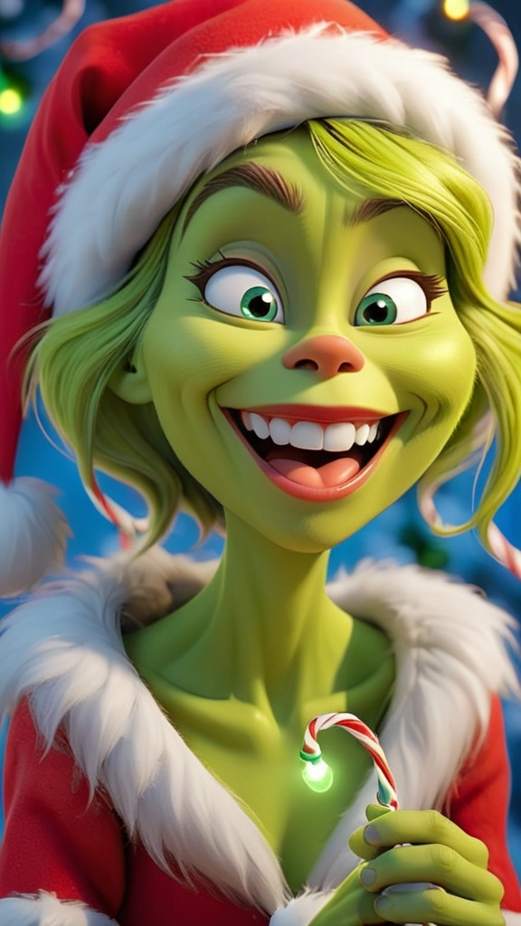 Prompt: Grinch style 3D animation, (((laughing female))) holding a strand of Christmas lights BG Christmas whoville 