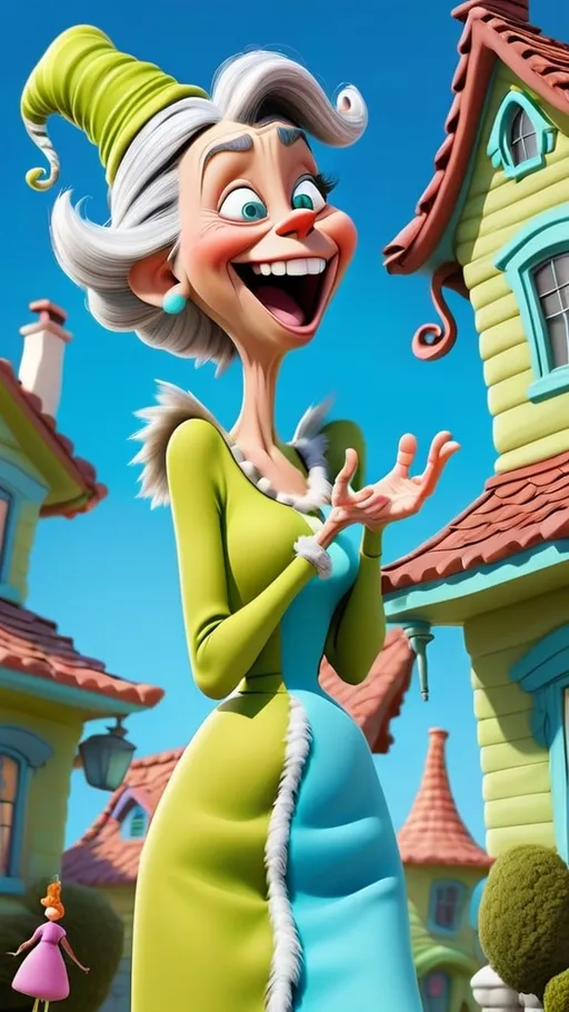 Prompt: Whoville house with Full head to toe view laughing gesturing female granny standing in front of large house Dr Seuss style, giggling gesturing granny Seuss, wearing contrasting clothes 3D animation in BG whoville theme house, extreme long view, head to toe theme Sky blue background contrasts with lime and white abstract shapes.