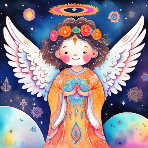 Prompt: Kawaii watercolor of a full body angel with all closed mouth smile in the galactic night sky decorated with Henna art inspired patterns, embellishments and Flourishes, bright vibrant colors, Highly detailed, popping vibrant colors, Gradient Colors, Intricate details, Highly textured, spiritual symbols of mandalas with Hindu, Buddhist, Jainism, Shinto, Bengali, Celtic, and Arabic geometric and whimsical patterns, extremely cute, whimsical playful, charming, enchanting, imaginative, fantastical, magical, lighthearted, fanciful