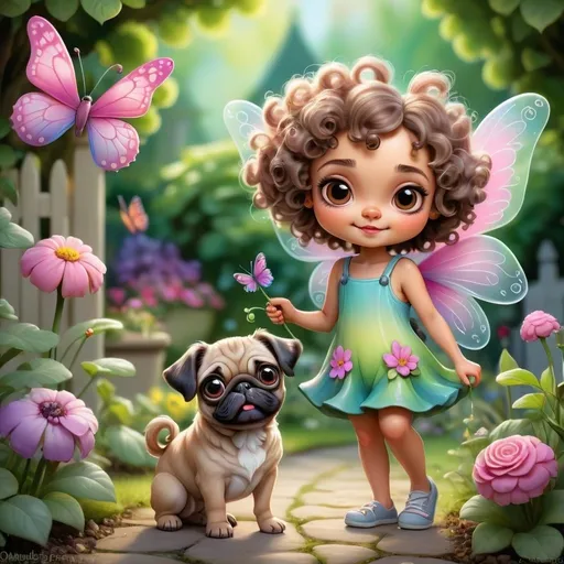 Prompt: Kawaii whimsical airbrush painting of an adorable 6 year old fairy with curly hair, with a small pug puppy, taking a walk in a beautiful garden, whimsical style, vibrant 