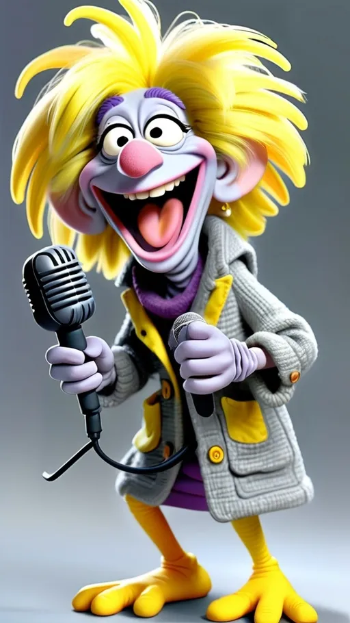 Prompt: Fraggle Rock style, Fraggle laughing granny muppet, wearing gray and bright yellow gesturing holding a microphone, BG Fraggle Rock winter, extreme long view, full body, 