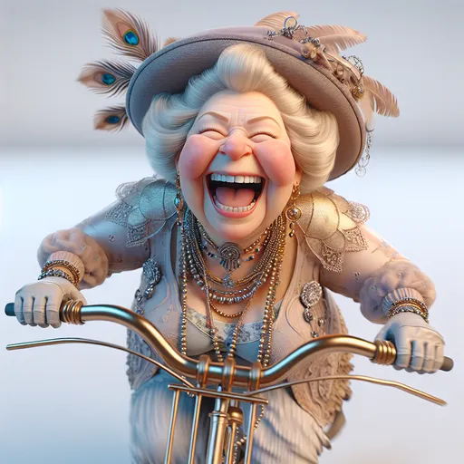 Prompt: Long view, full body, Humorous Pixar Movie image hyper-realistic, 3D Animation, a granny laughing, p has blonde hair, Wearing large hats with feathers, necklaces, earrings. Riding a bike