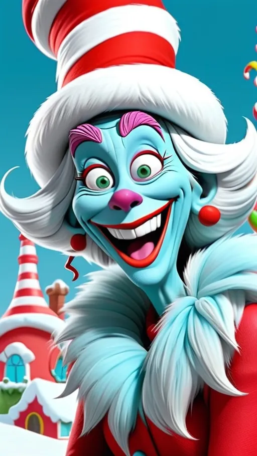 Prompt: Dr Seuss style Dr Seuss laughing granny 3D animation in whoville BG whoville seussical winter theme 