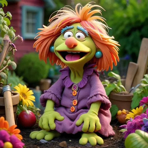 Prompt:  3D Animation, Fraggle Rock, grandma Fraggle, age 50, with a pouty depressed look, full body, extreme long view, surrounded by garden supplies, vibrant colors