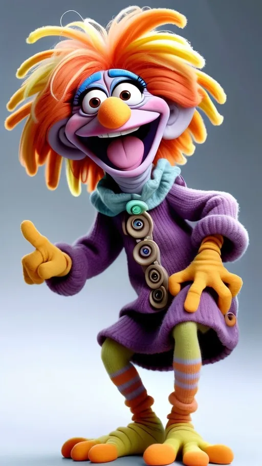 Prompt: Vibrant Fraggle Rock style, Fraggle laughing granny muppet, cross-eyed pointing at her head, BG Fraggle Rock winter, extreme long view, full body, 