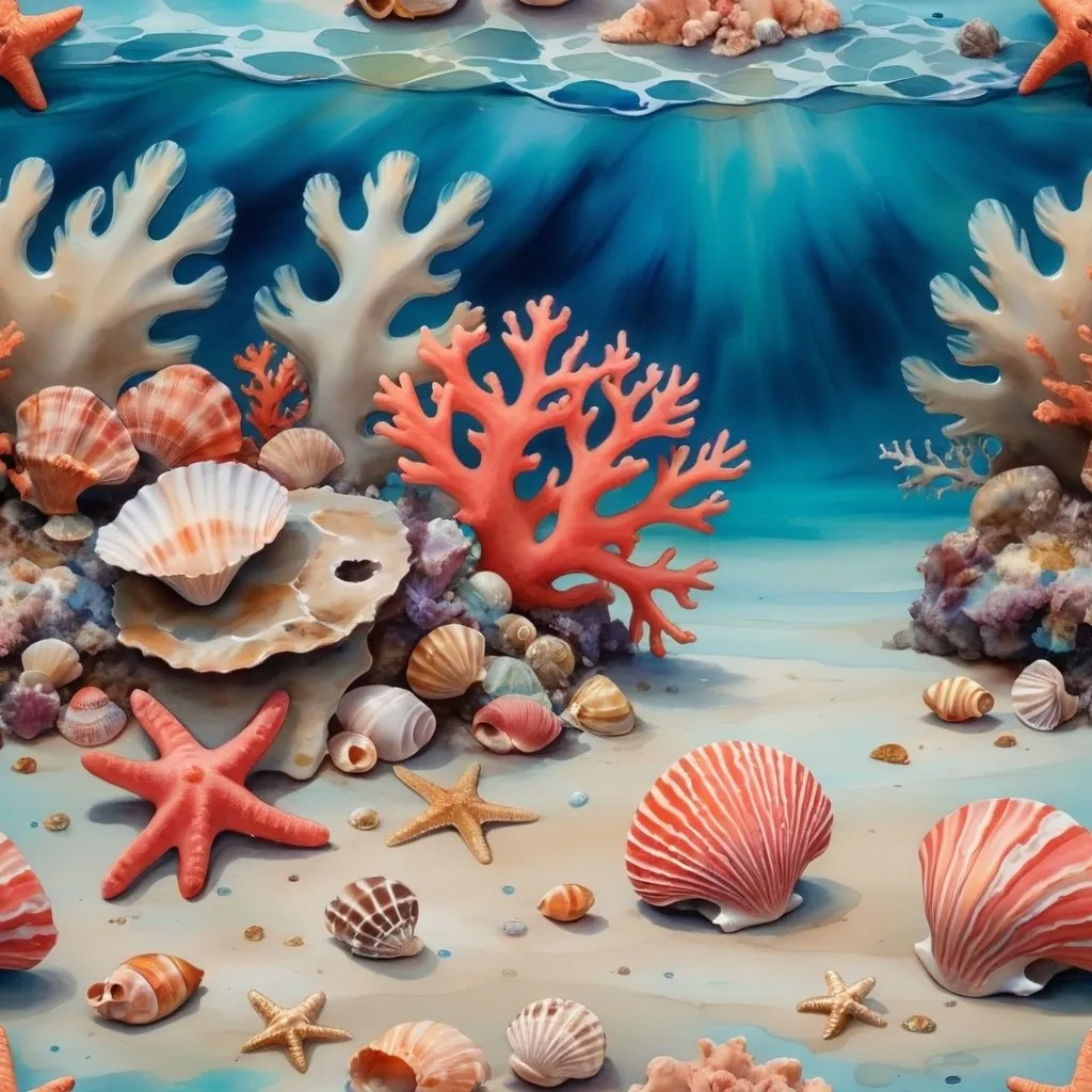 Prompt: Water painting of the sea floor with coral and shells 